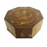 A Japanese overlaid bamboo box and cover, 19th century, octagonal form, penwork style decoration to