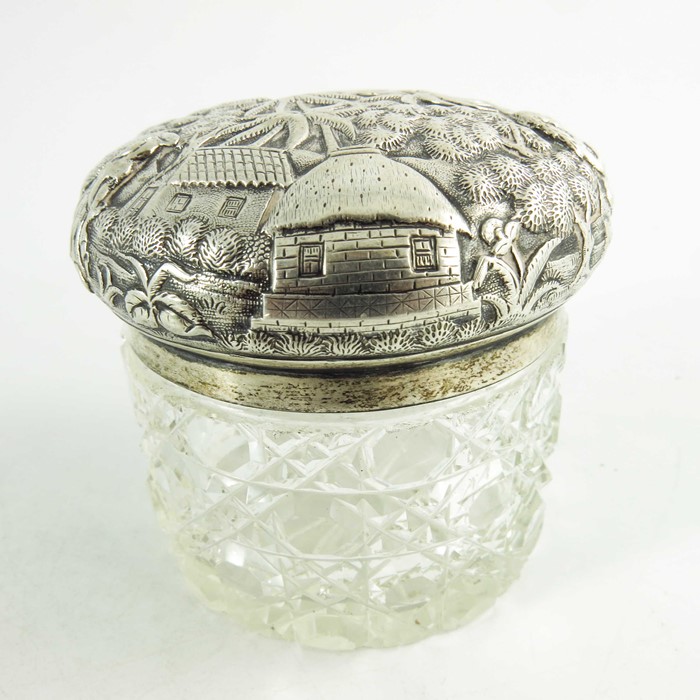 A 19th century Oriental white metal lidded cut glass jar - Image 3 of 8