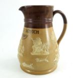 Large size Doulton Lambeth jug advertising THORNE'S SCOTCH WHISKY, with sprigged hunting scene decor