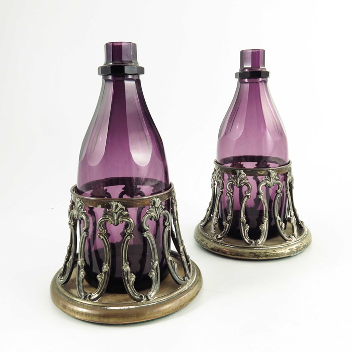 A pair of William IV amethyst glass decanters in original Old Sheffield Plate coasters - Image 3 of 9
