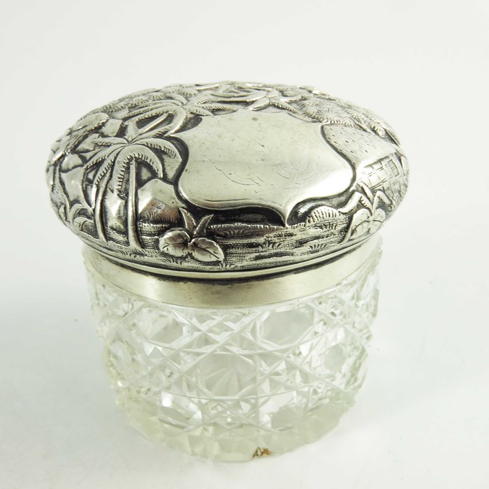 A 19th century Oriental white metal lidded cut glass jar - Image 4 of 8