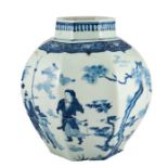 A large oriental blue and white hexagonal vase