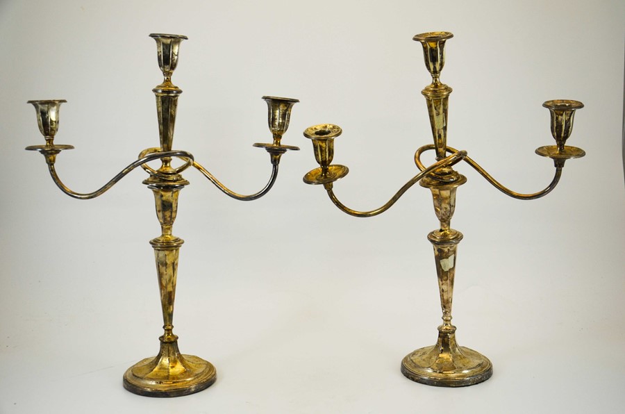 A pair of Edwardian three branch silver candlebras, Walter Latham & Son, Sheffield 1910, 50cm high, - Image 2 of 3