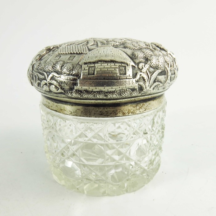 A 19th century Oriental white metal lidded cut glass jar - Image 6 of 8