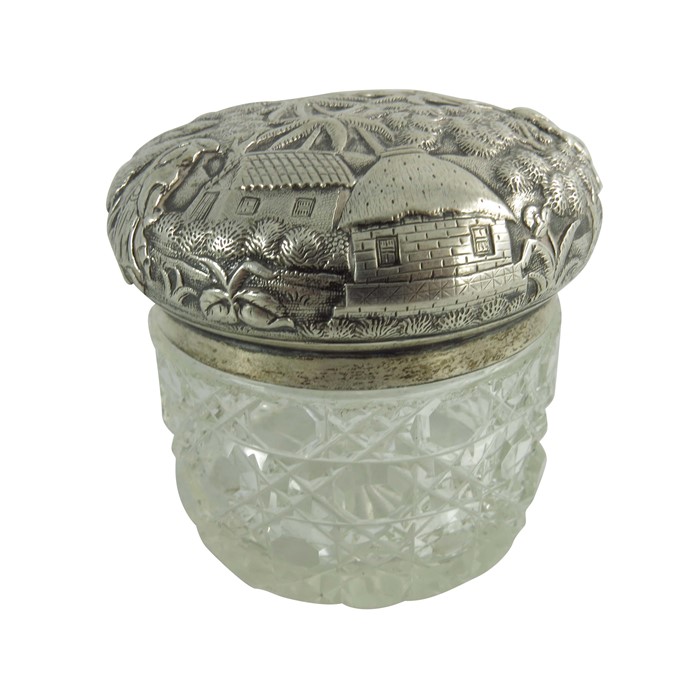A 19th century Oriental white metal lidded cut glass jar - Image 2 of 8