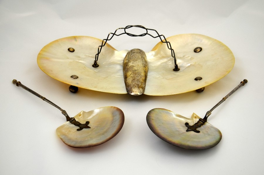 A 800 silver and mother of pearl butterfly dish and servers