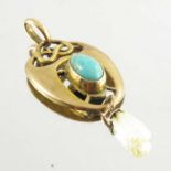 Henry Matthews, an Arts and Crafts 9 carat gold, pearl and turquoise pendant