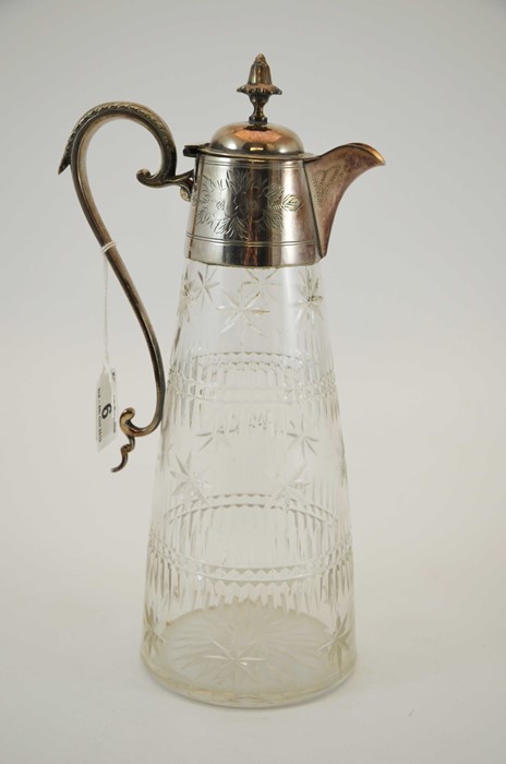 A Victorian silver plate and cut glass claret jug