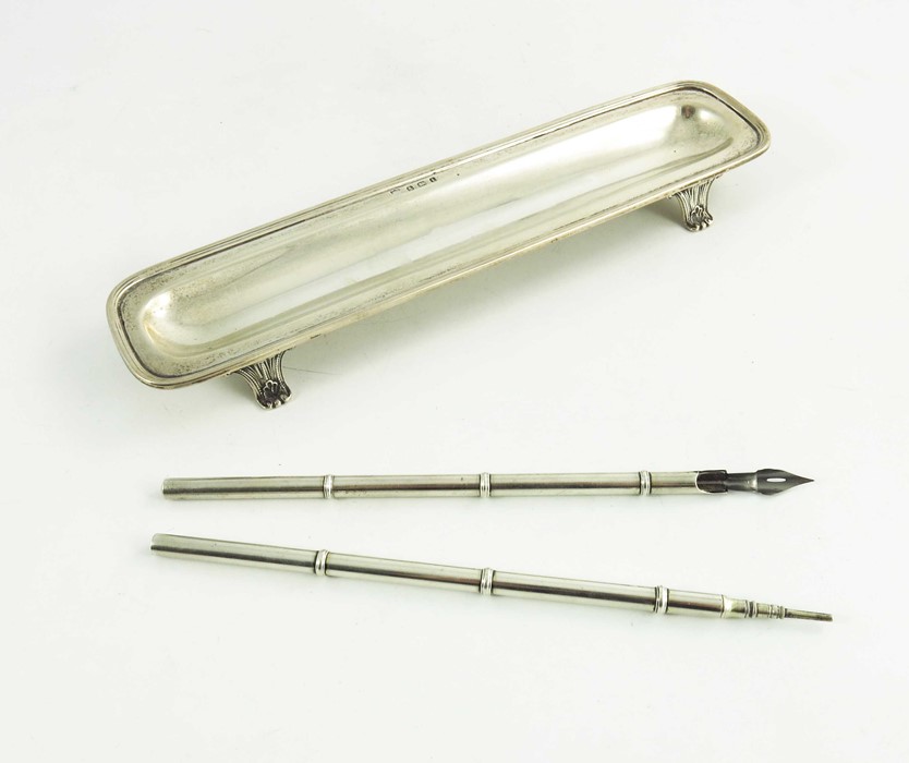 An Edwardian silver pen tray and two silver pens, Ellis and Co - Image 2 of 2