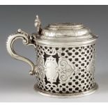 Robert Garrard II, London 1842, a Victorian silver mustard pot, reticulated cylindrical form, cast w