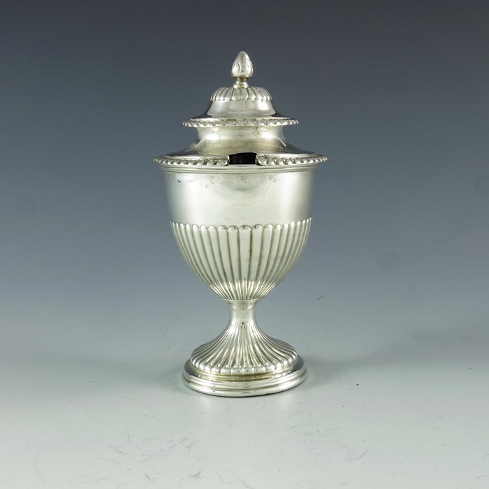 Robert Hennell II, London 1828, a George IV silver vase shape mustard pot with half fluted body and - Image 2 of 8