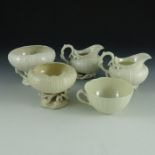 Belleek first period Echinus tea ware including teapot, two jugs, two pedestal bowls and a tea cup,