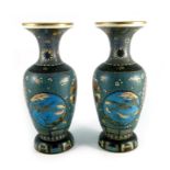 Pair of Japanese pottery vases, baluster form, cloisonne style decoration