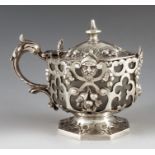 James Charles Edington, London 1860, a Victorian silver mustard pot, reticulated and footed octagona