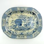 A large Staffordshire blue and white meat draining platter