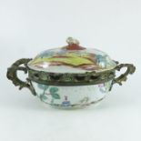 18th Century Chinese tureen, symbolic polychrome decoration, gilt metal mounts