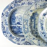 Three Staffordshire blue and white meat platters