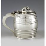 Henry Holland, London 1871, a Victorian novelty silver mustard pot, barrel form with raised banded d