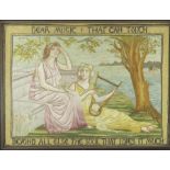 A 19th century Pre-Raphaelite embroidered silk panel, circa 1890, classical scene with a woman and m
