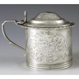 John and Henry Lias, London 1839, a Victorian silver mustard pot, cylindrical form, etched with foli
