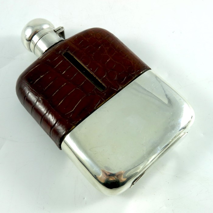 A George V silver, crocodile leather and glass hip flask - Image 3 of 6
