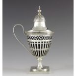 Charles Stuart Harris, London 1892, a Victorian silver mustard pot, reticulated pedestal urn form, i
