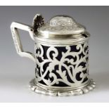 John Keith, London 1899, a Victorian silver mustard pot, cylindrical form, reticulated with foliate