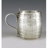 Joseph Angell, London 1859, a Victorian silver mustard pot, in the form of barrel, realistically ca