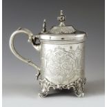 William Evans, London 1879, a Victorian silver mustard pot, cylindrical form, etched Rococo cartouch