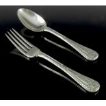 A George IV silver spoon and fork set, William Eley and William Fearn, London 1822, Quilted pattern,