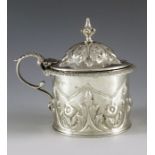 Charles Fox II, London 1831, a William IV silver mustard pot, cylindrical form, embossed with a band