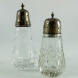 Two George V and Elizabeth II silver mounted cut glass shakers