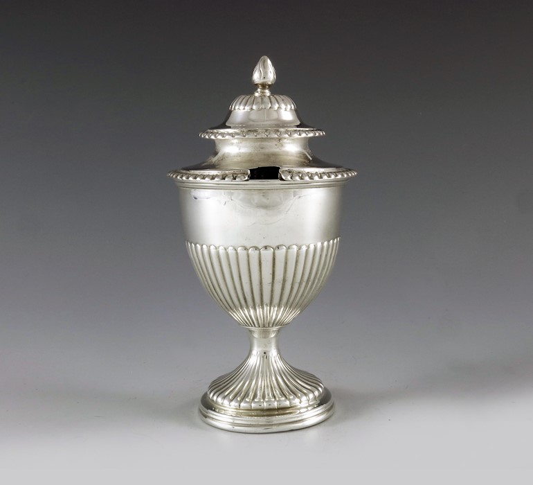 Robert Hennell II, London 1828, a George IV silver vase shape mustard pot with half fluted body and