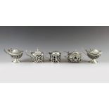 Five English silver mustard pots, Victorian with date marks from 1876 to 1899, various makers, Birmi