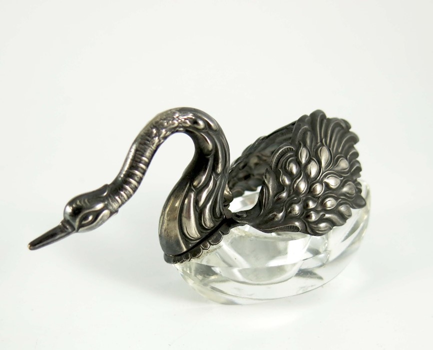 A Continental silver and glass swan cellar