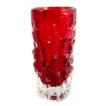 Geoffrey Baxter for Whitefriars, a Ruby red bark effect glass vase