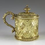 Robert Hennell IV, London 1872, a Victorian silver gilt mustard pot and spoon, cylindircal form, eng