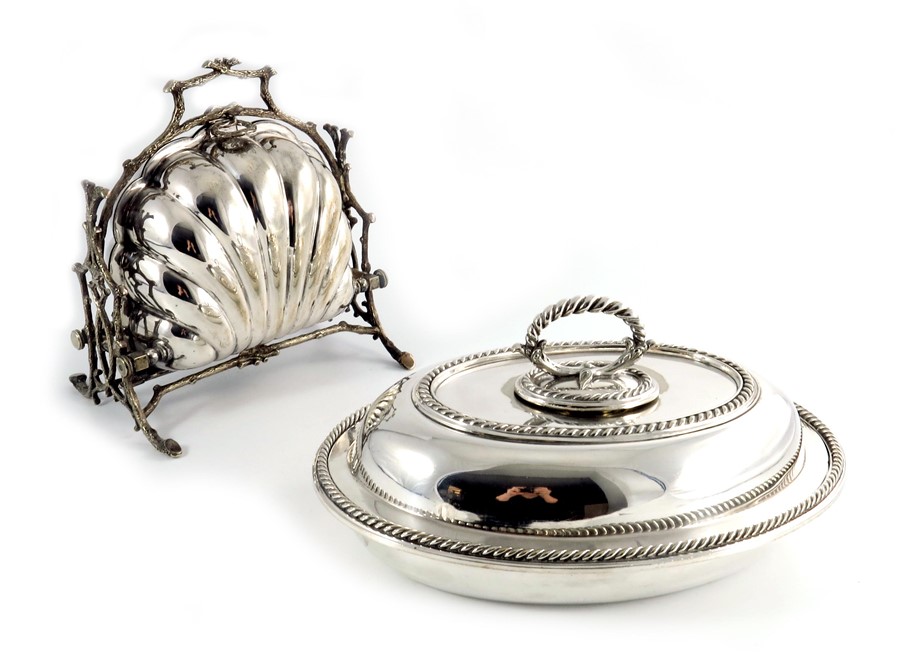 A Victorian silver plated toast or bun warmer and entree dish