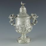 C & J Fry, London 1824, a George IV silver mustard pot, twin handled pedestal vase form with cover,