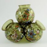 A Bohemian enamelled glass multi vessel vase, probably Harrach, circa 1900, in the form of four sphe