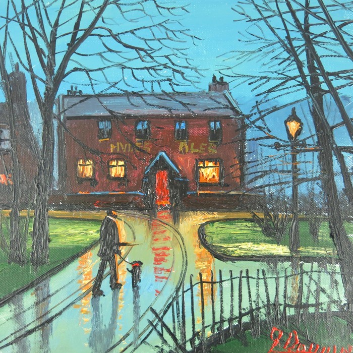 James Downie (b.1949), Taking The Dog to the Pub, oil on canvas, signed, 30cm x 30cm, unframed