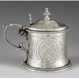 William Evans, London 1864, a Victorian silver mustard pot, slightly flared cylindrical form, etched