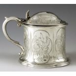 Charles Wallis, London 1855, a Victorian silver mustard pot, flared cylindrical form with petal foot