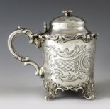 John Evans II, London 1844, a Victorian silver mustard pot, cylindrical form, etched and engraved wi