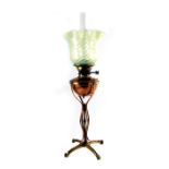 W A S Benson, an Arts and Crafts copper and brass oil table lamp with optic moulded straw opal glass