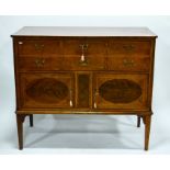A Louis XVI style mahogany and satinwood strung bureau chest