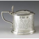 Joseph and Joseph Angell, London 1845, a Victorian silver mustard pot, cylindrical form, engraved wi