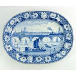 A Staffordshire blue and white transfer printed meat platter, a View of London