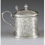 Yapp and Woodward, Birmingham 1852, a Victorian silver mustard pot, cylindrical form, engraved with