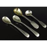 Four George III and Victorian English Provincial silver condiment spoons, Robert Cattle and James Ba